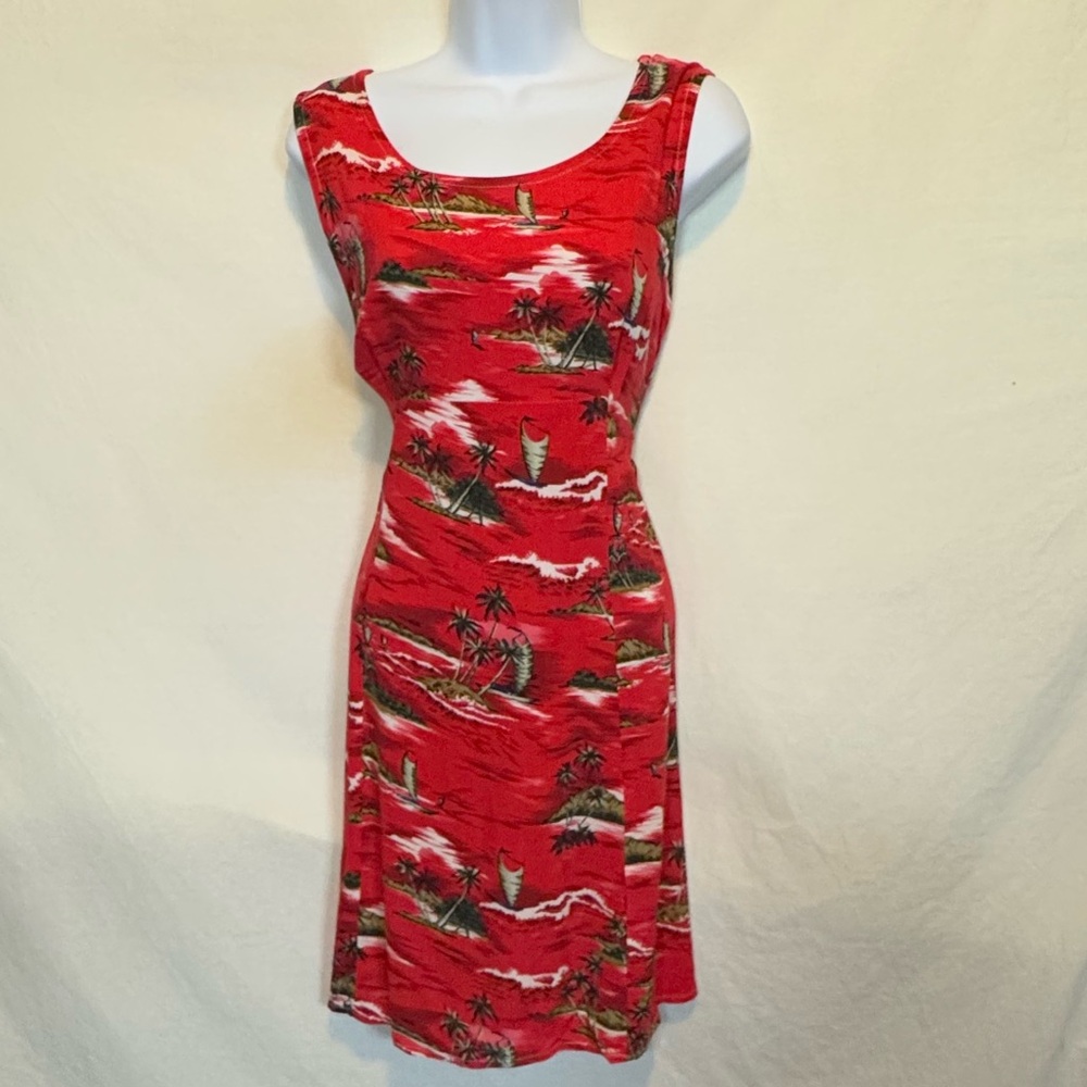D-89 Dressing Clio Vintage Tropical Red Sleeveless MIDI Dress Size M